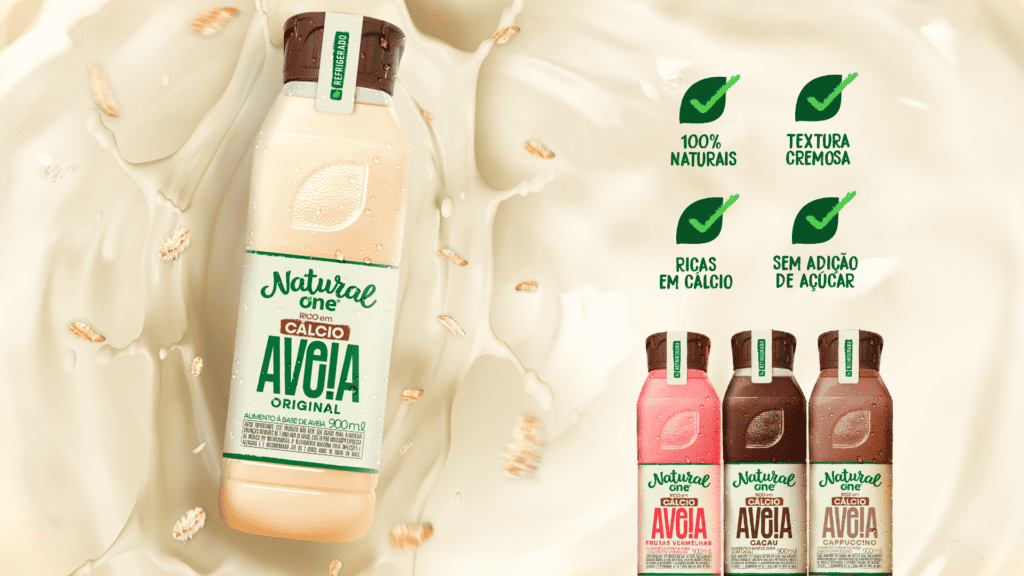 Na imagem há quatro bebidas de aveia, o lançamento de natural one