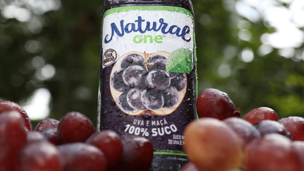 Na imagem há uma embalagem do suco Natural One de uva
