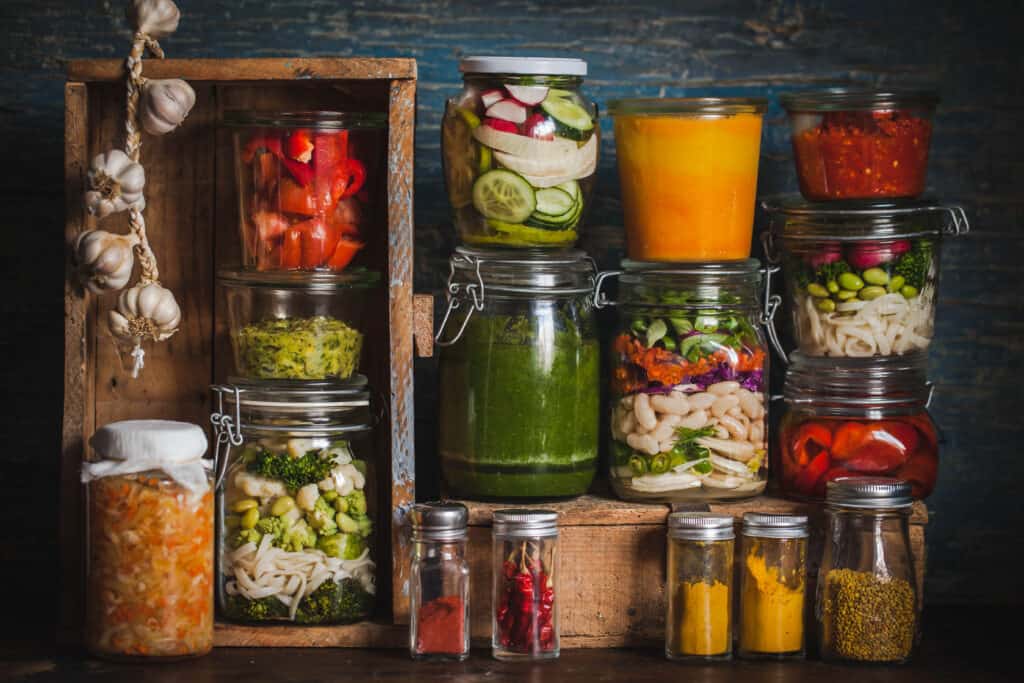 Texto alternativo: na imagem há diversos potes de vidro com alimentos dentro. Salada, temperos, macarrão.