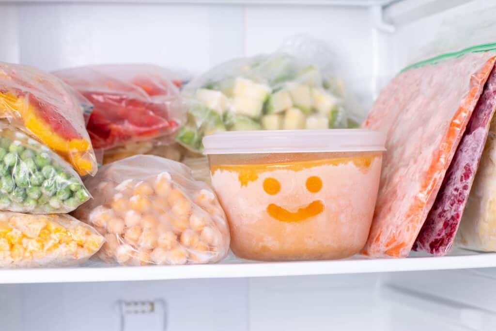 Texto alternativo: Na imagem há a cena de um freezer com potes de plástico com alimentos. Frutas, batata, verduras
